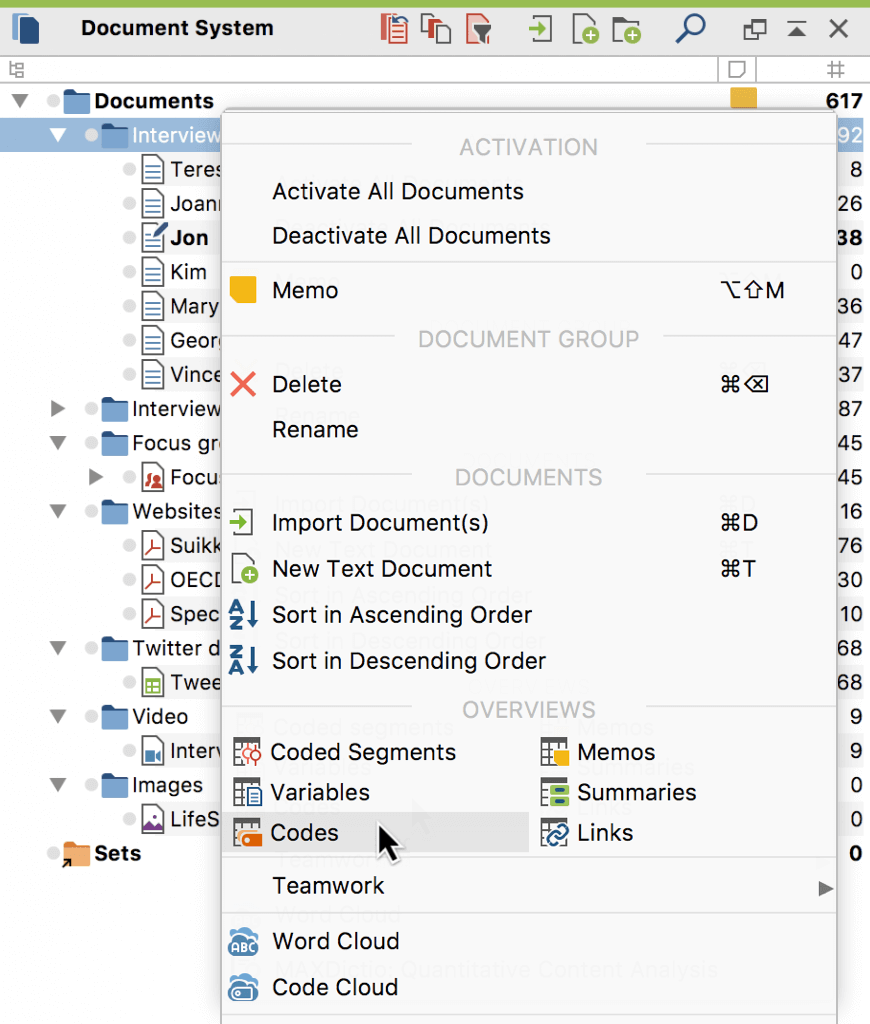 Open the Overview of Codes in the context menu of a Document Group Open the Overview of Codes in the context menu of a Document Group