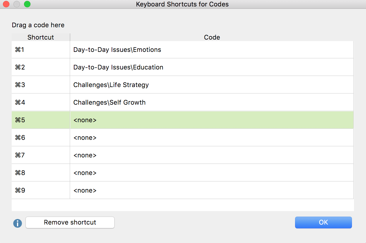 The Keyboard shortcuts for codes window The Keyboard shortcuts for codes window