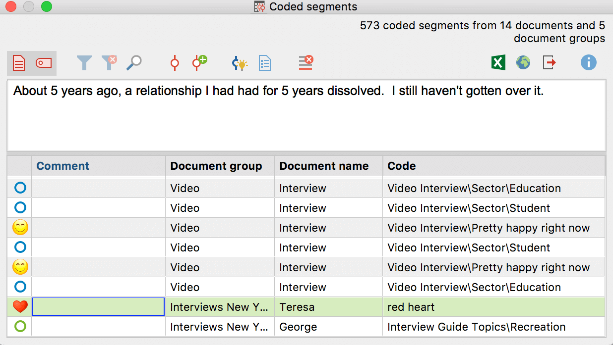 emoticons in the retrieved segments and coded segments overview emoticons in the "retrieved segments" window and in the table overview