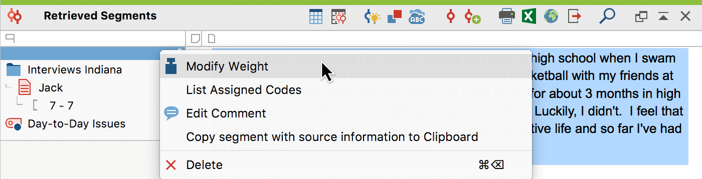Changing the weight score in the “Retrieved Segments” window Changing the weight score in the “Retrieved Segments” window