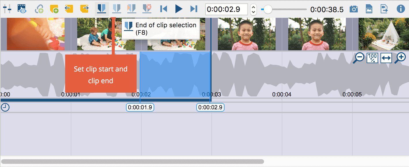 Setting the clip limits at the current playback position Setting the clip limits at the current playback position