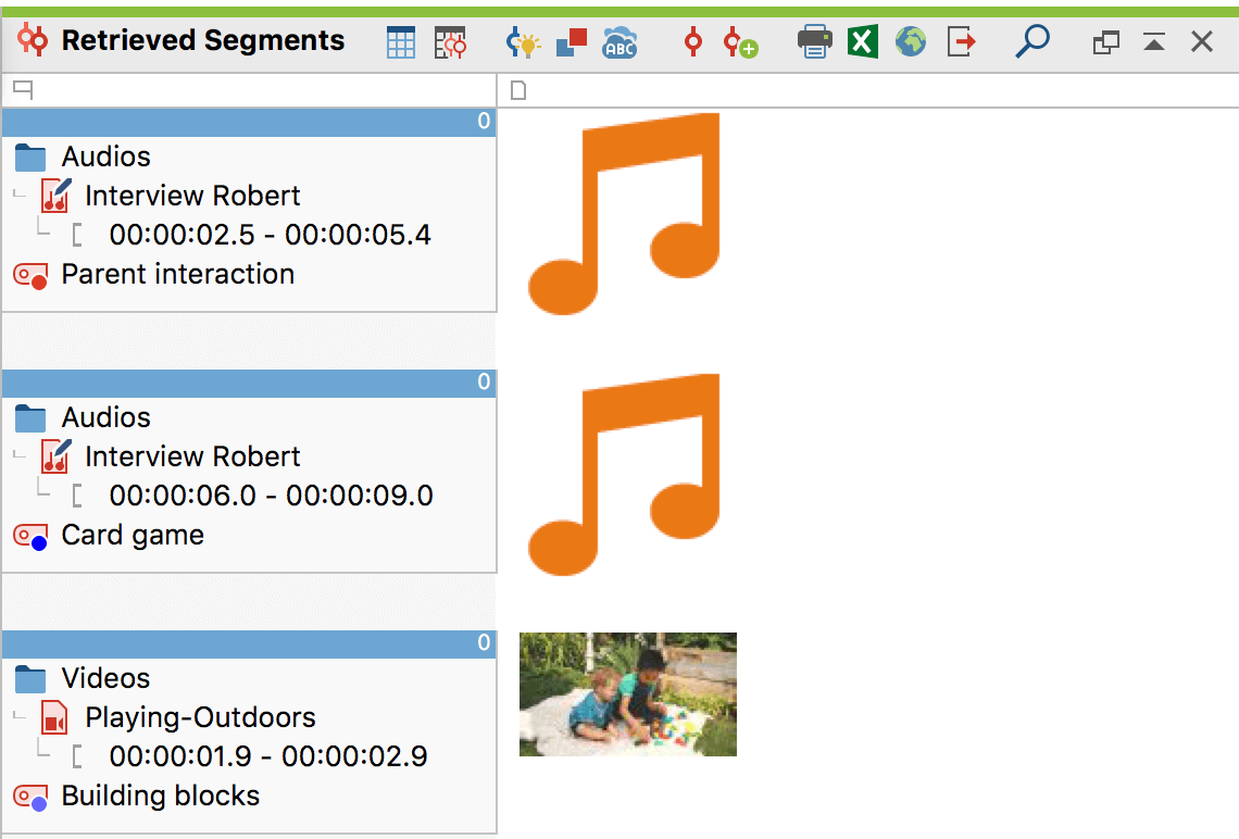 Audio and video clips in the “Retrieved Segments window”