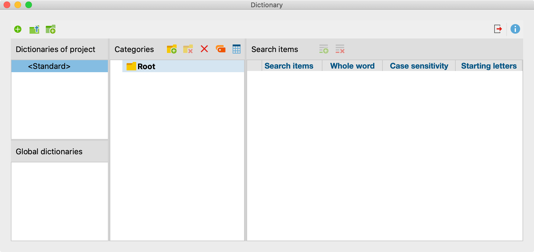Window for managing dictionaries