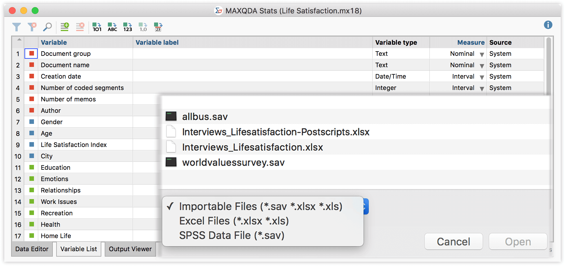 MAXQDA Analytics Pro: Analyze Excel or SPSS data