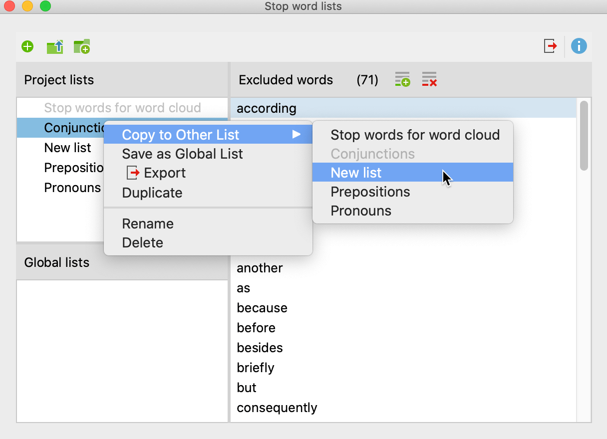 Copy words from one stop word list to another