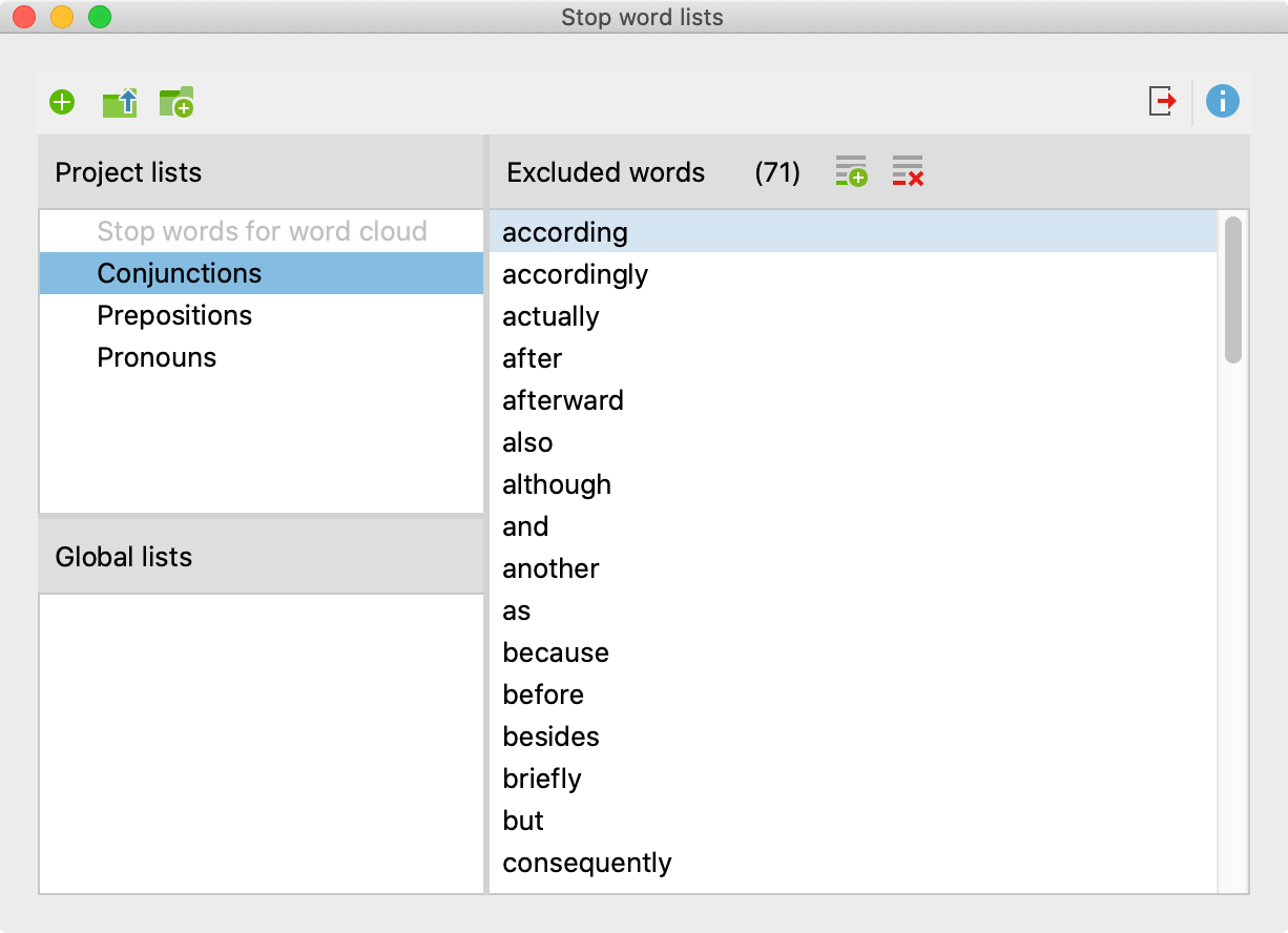 The Stop word list contains an overview of the excluded words