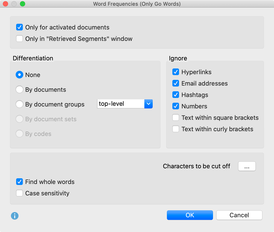 Options dialog for Word frequencies (only words of go list) function