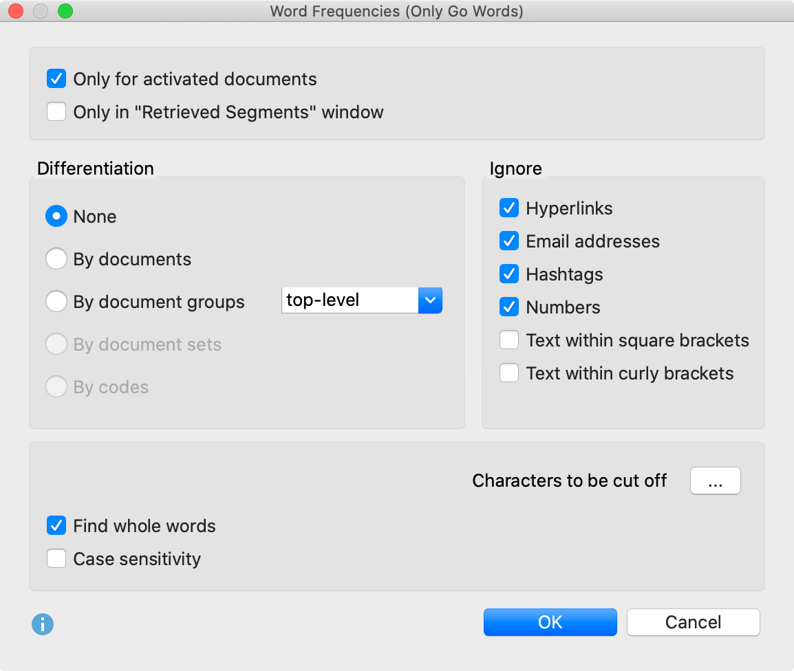 Options dialog for Word frequencies (only words of go list) function Options dialog for Word frequencies (only words of go list) function