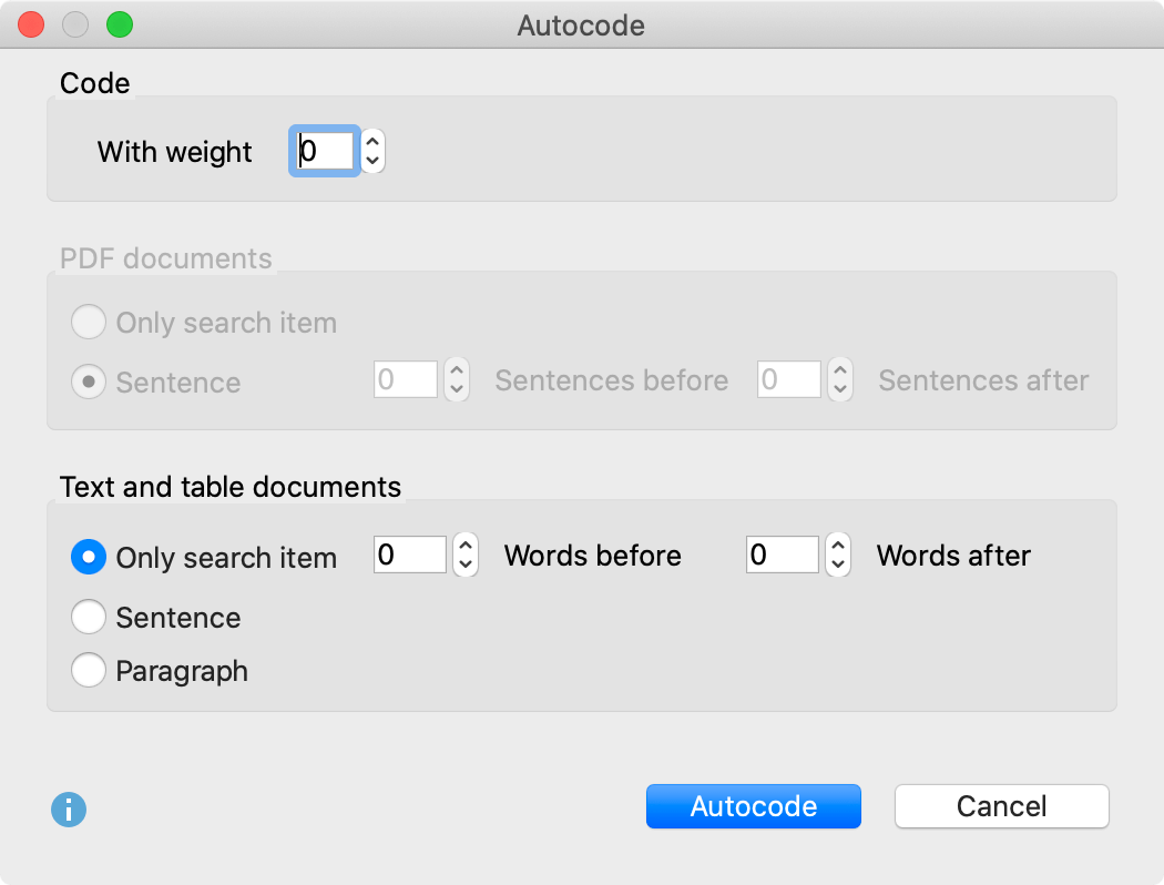Options for autocoding: set weight and text range