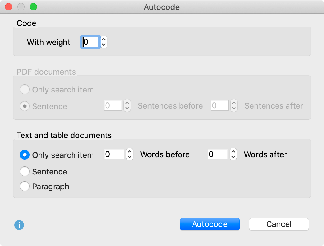 Options for autocoding: set weight and text range Options for autocoding: set weight and text range