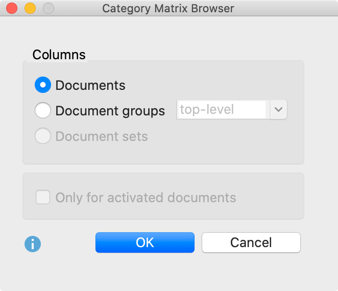 Setting options for the Category Matrix Browser