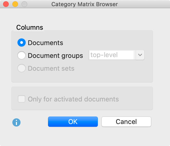 Setting options for the Category Matrix Browser Setting options for the Category Matrix Browser