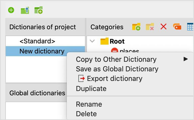 Functions for dictionaries in the context menu