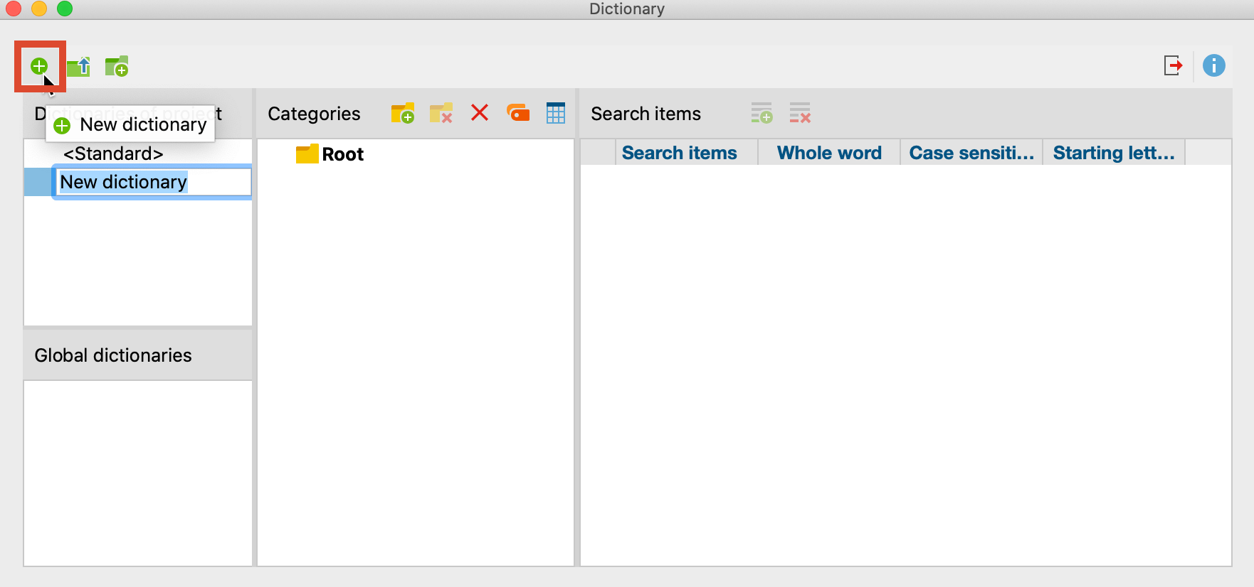 Icon for adding a new dictionary to the project