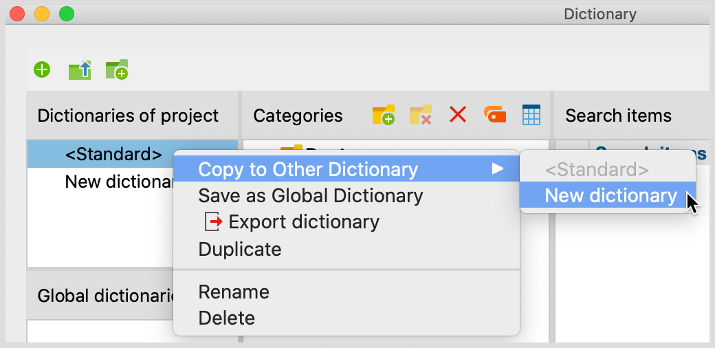 Copy search items from one dictionary to another