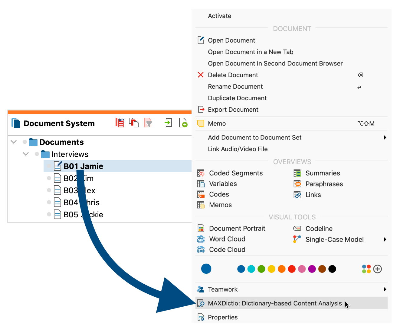 Opening the function “MAXDictio: Quantitative Content Anaylsis” via right-clicking on a document group Opening the function “MAXDictio: Quantitative Content Anaylsis” via right-clicking on a document group