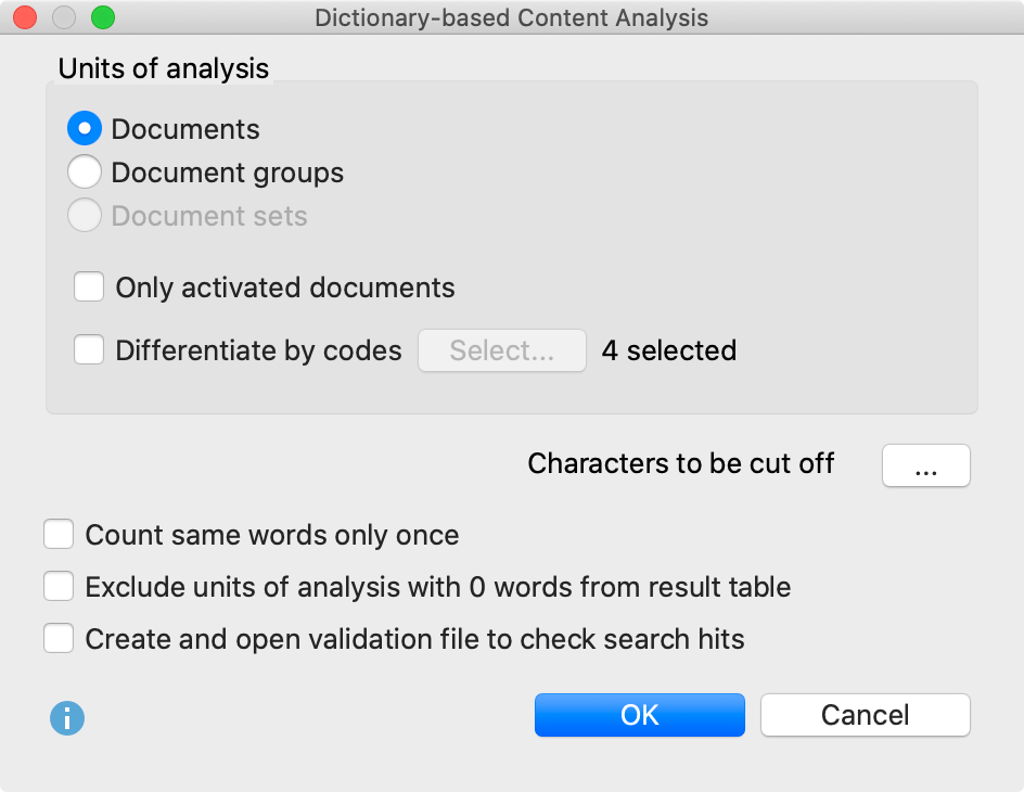 Options dialog for the “Quantitative Content Anaylsis” function