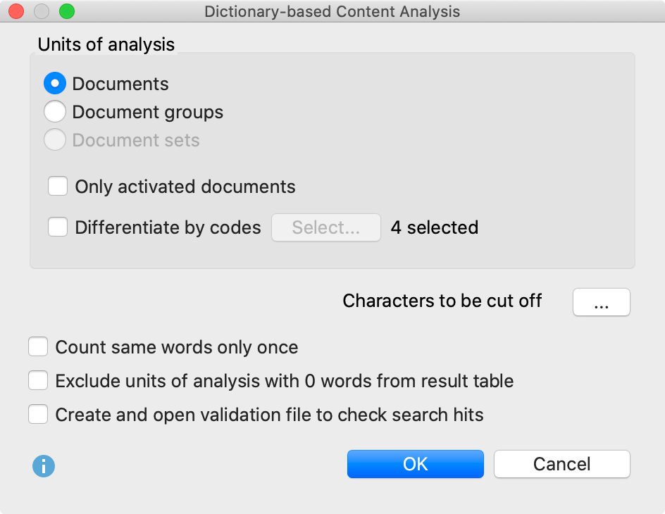 Options dialog for the “Quantitative Content Anaylsis” function Options dialog for the “Quantitative Content Anaylsis” function