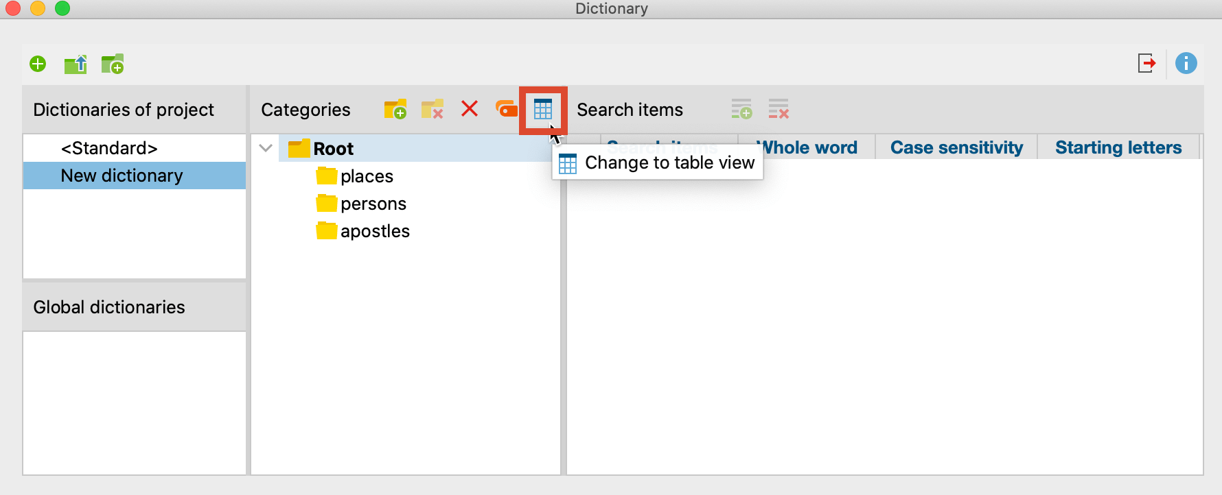 The hierarchical view of the category system
