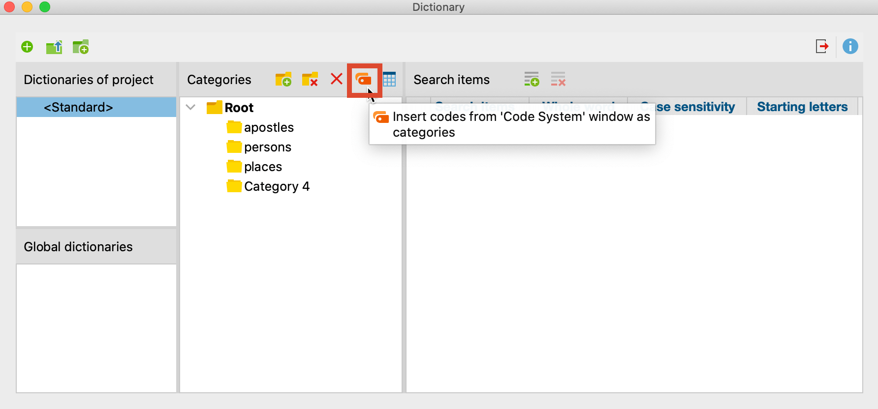 Insert categories from the “Code System” window