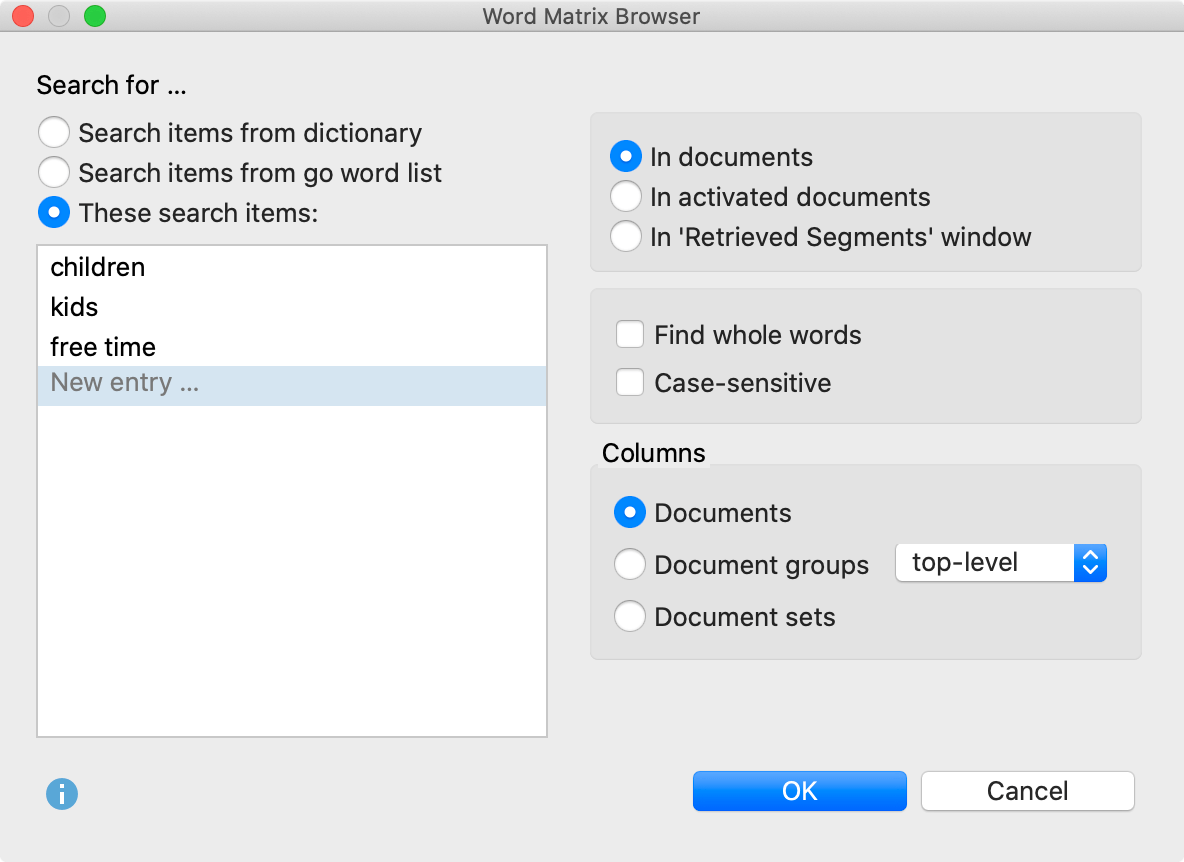 Set options for Word Matrix Browser