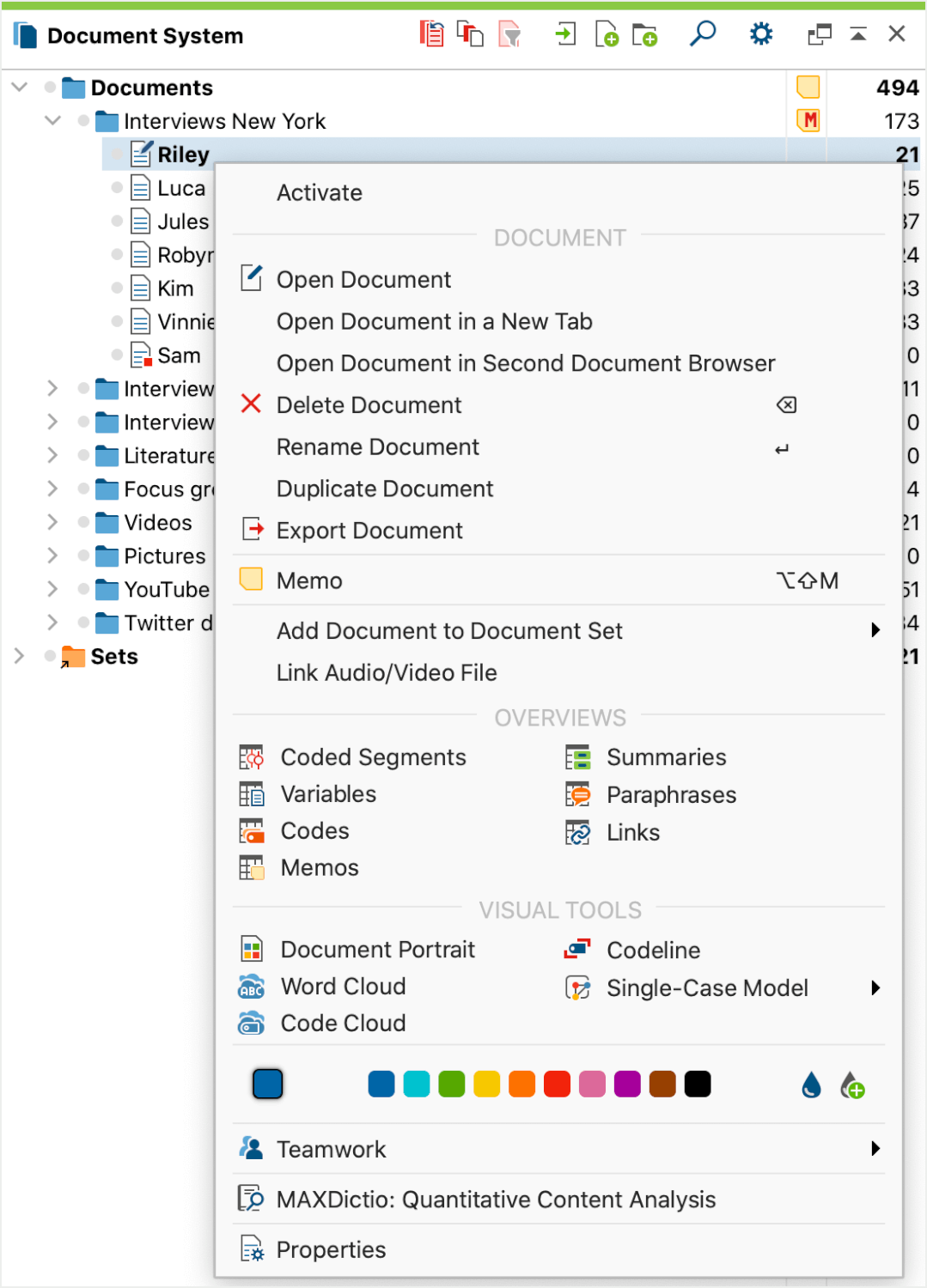Context menu for the lowest (document) level Context menu for the lowest (document) level