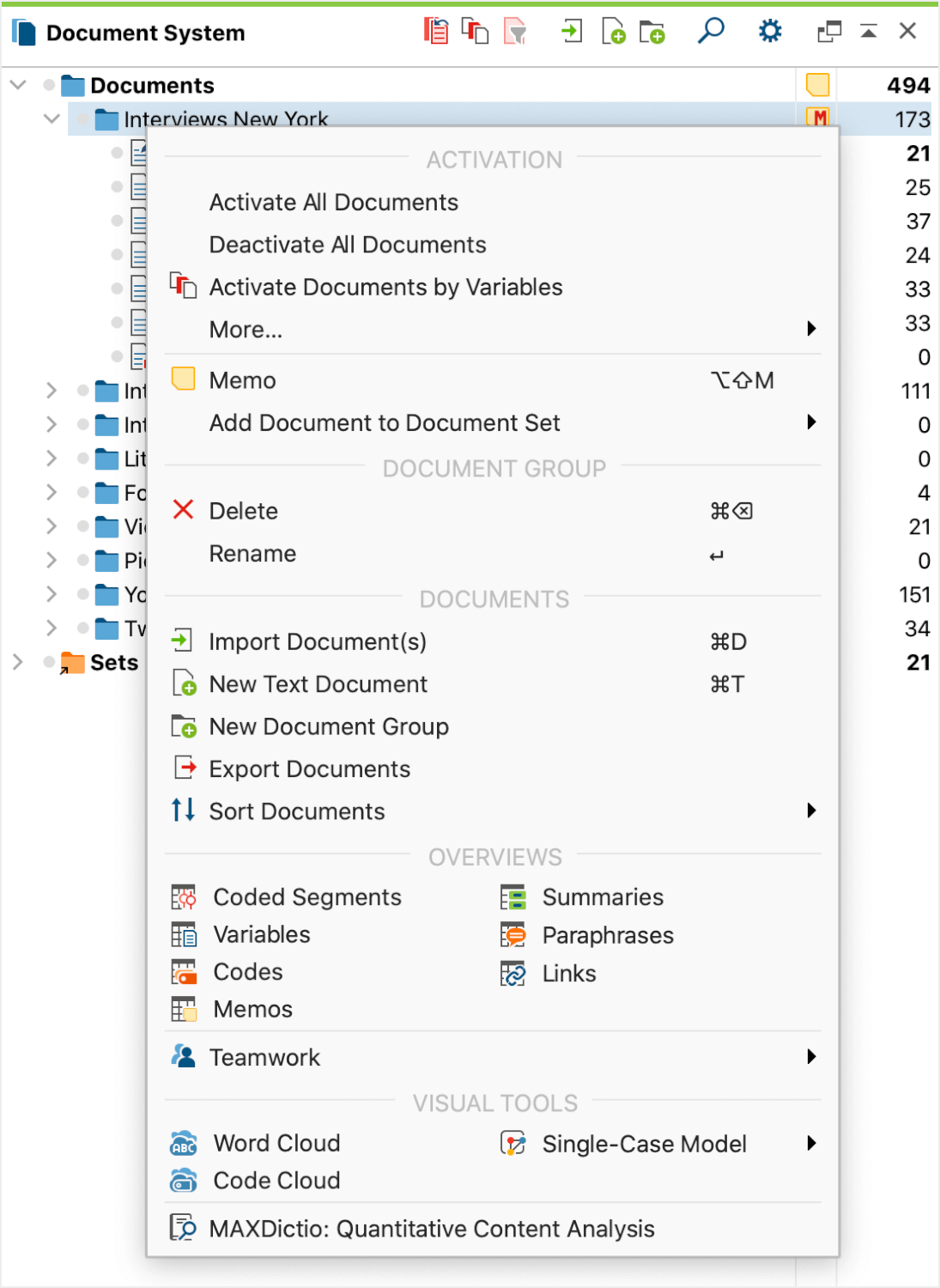 Context menu for the middle (document group) level in the Document System
