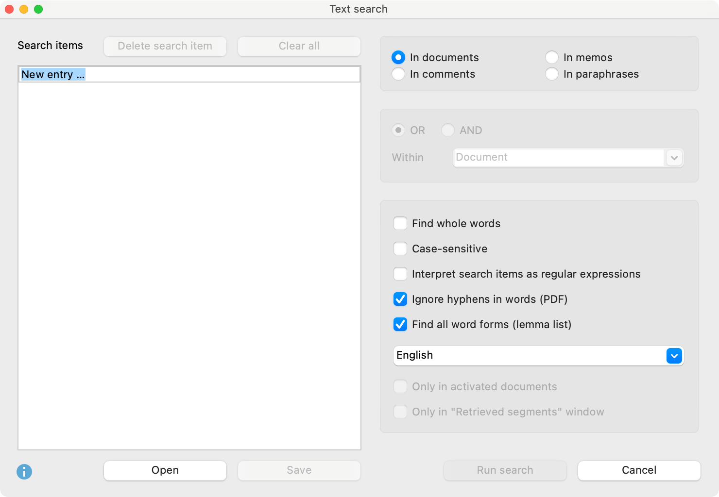 The dialog window for the Text Search