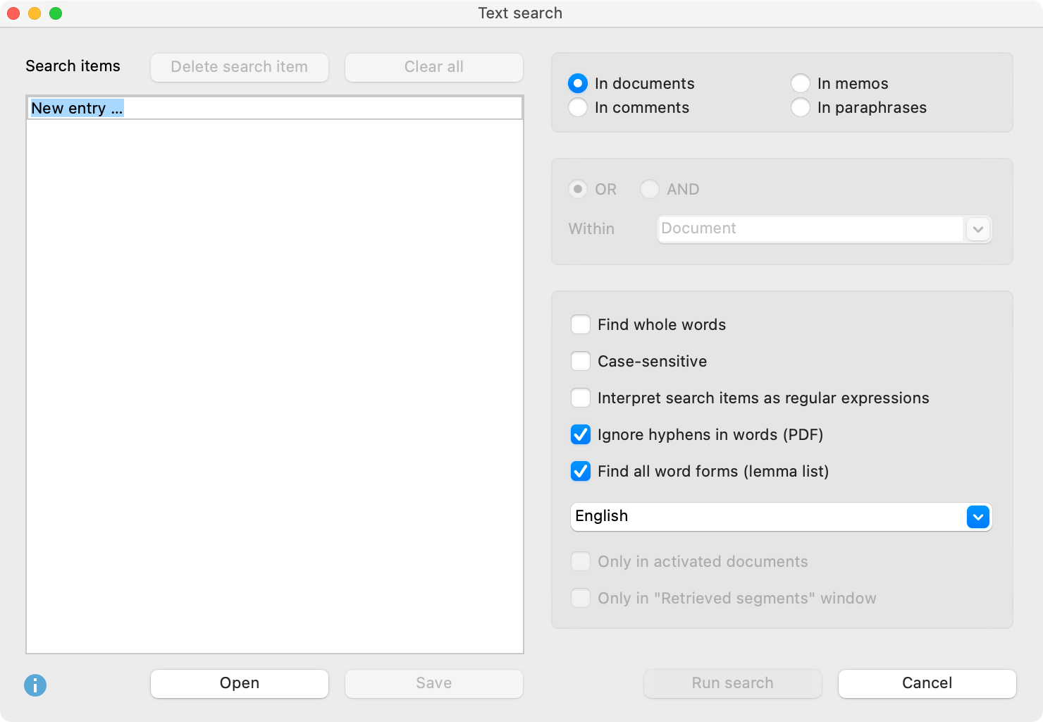 The dialog window for the Text Search The dialog window for the Text Search