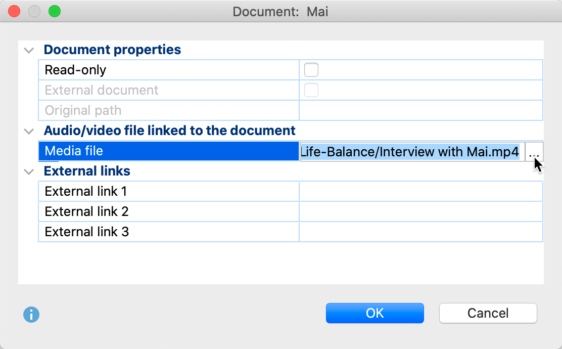 Assigning a different audio/video file to a text document in the Properties dialog box Assigning a different audio/video file to a text document in the Properties dialog box