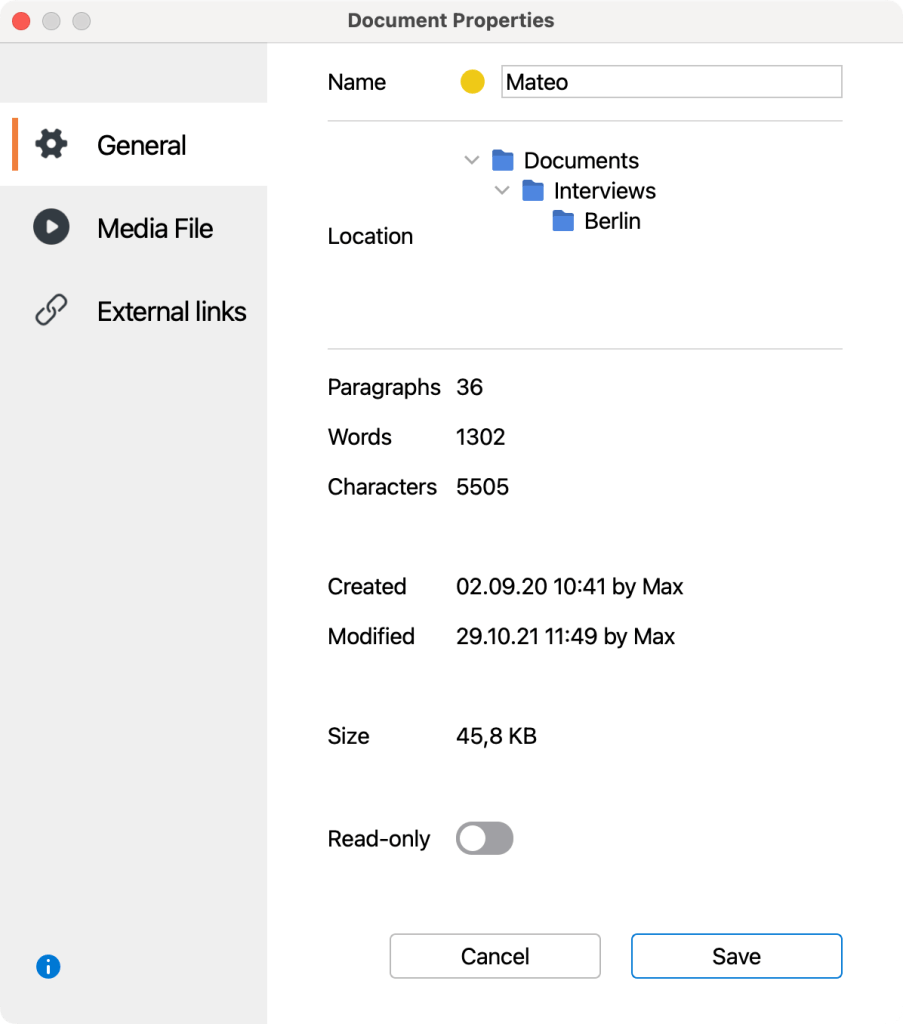 Document properties window Document properties window