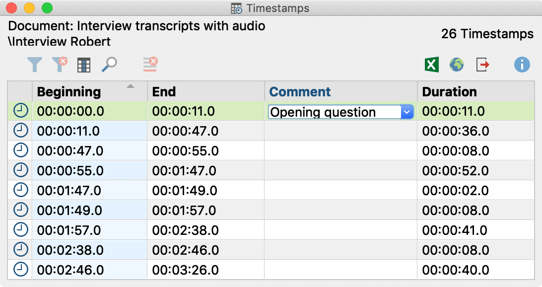 The Overview of Timestamps The Overview of Timestamps lists all the timestamps in the transcript