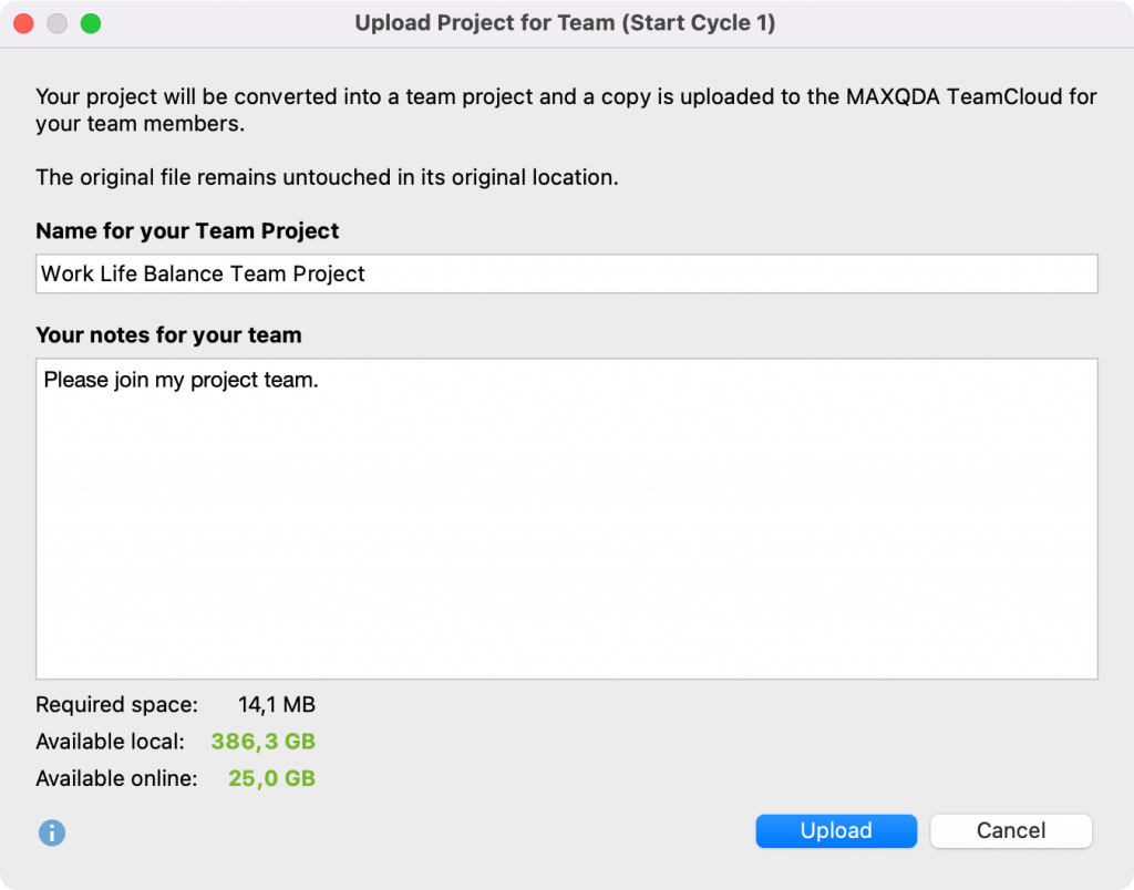 Upload dialog for naming the team project with comment function Upload dialog for naming the team project with comment function