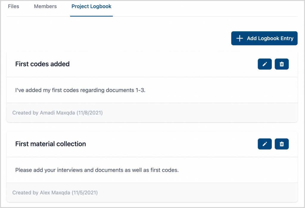 The project logbook on the MAXQDA TeamCloud website