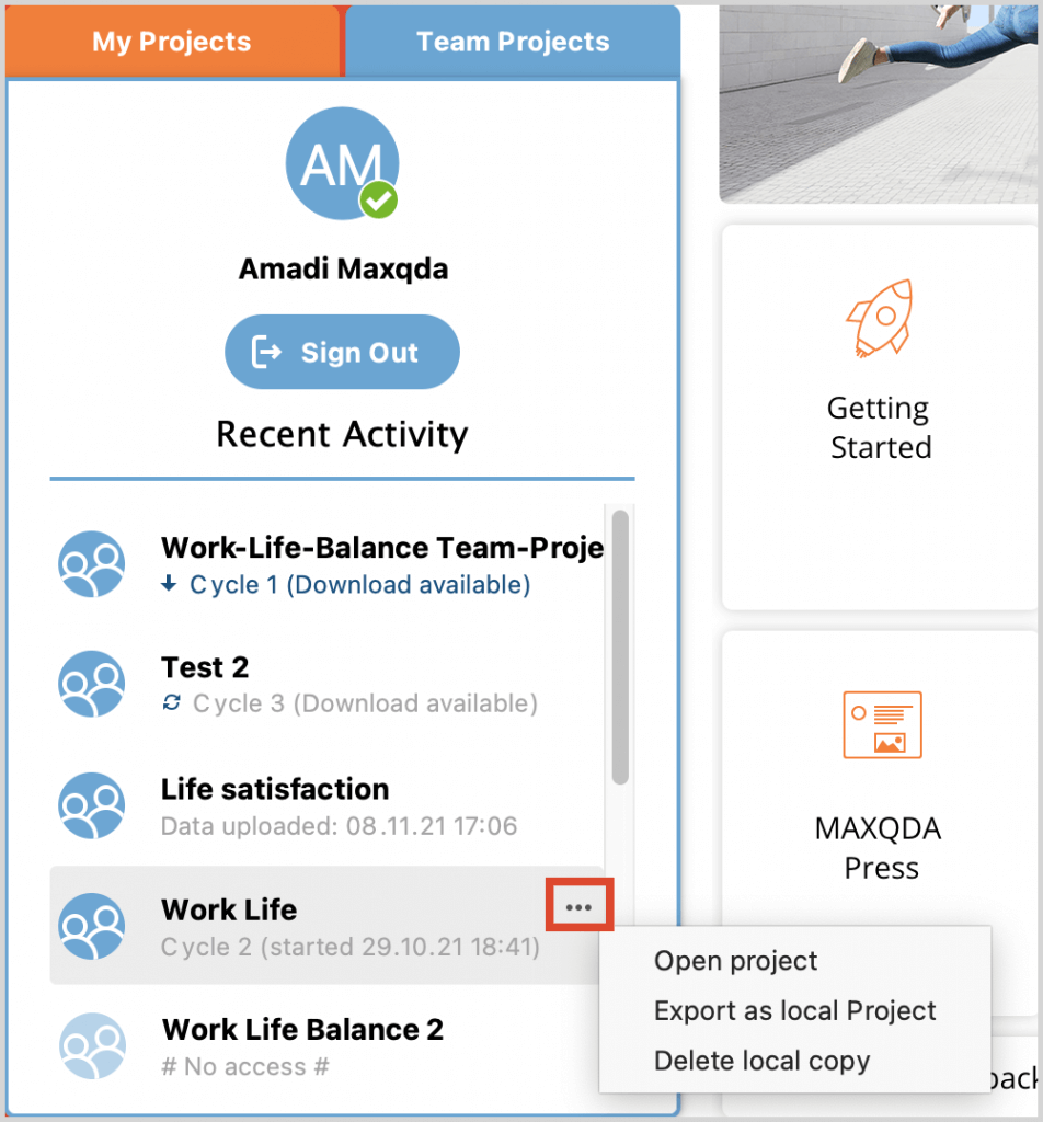 Detailed view of the MAXQDA start window after signing in into MAXQDA TeamCloud Detailed view of the MAXQDA start window after signing in into MAXQDA TeamCloud