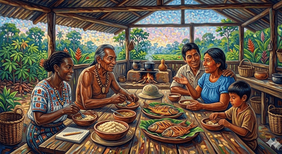 Ethnographer having lunch with a family during fieldwork