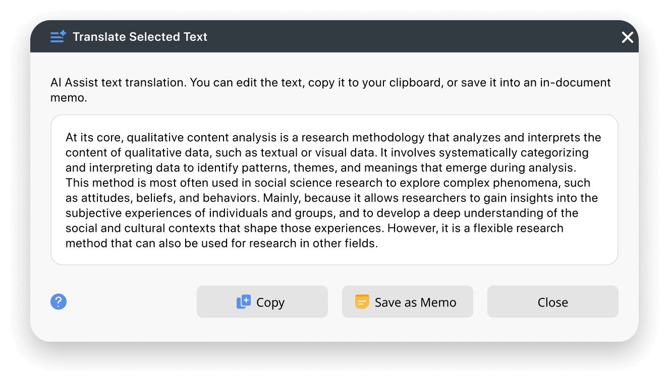 Example image of a MAXQDA AI Assist-generated translation of a text segment