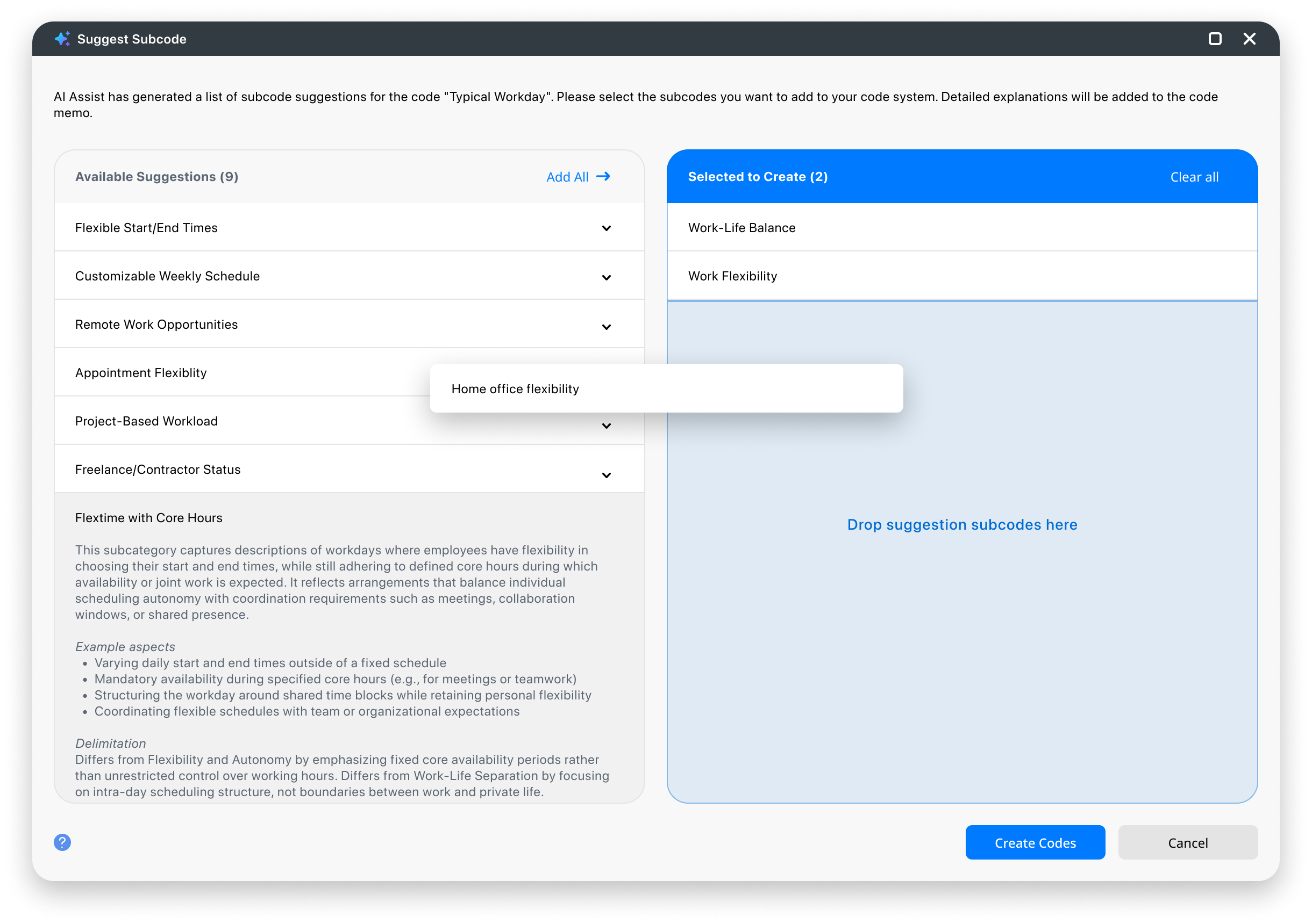 Image showing AI-powered subcode suggestion dialog in MAXQDA with expanded subcode showing its description, example aspects, and delimitation