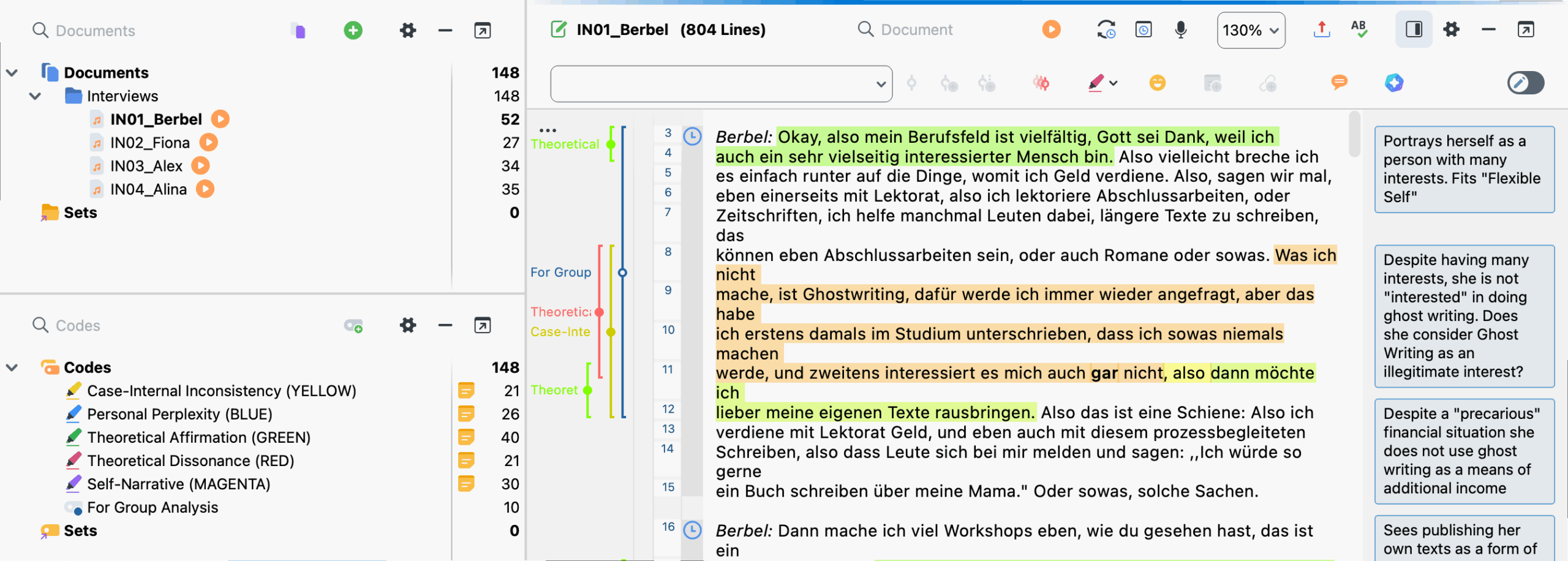 Fig. 3: An interview coded with color codes. Starting with “Despite,” the coding comments in the right sidebar focus on the perceived contradiction right away.