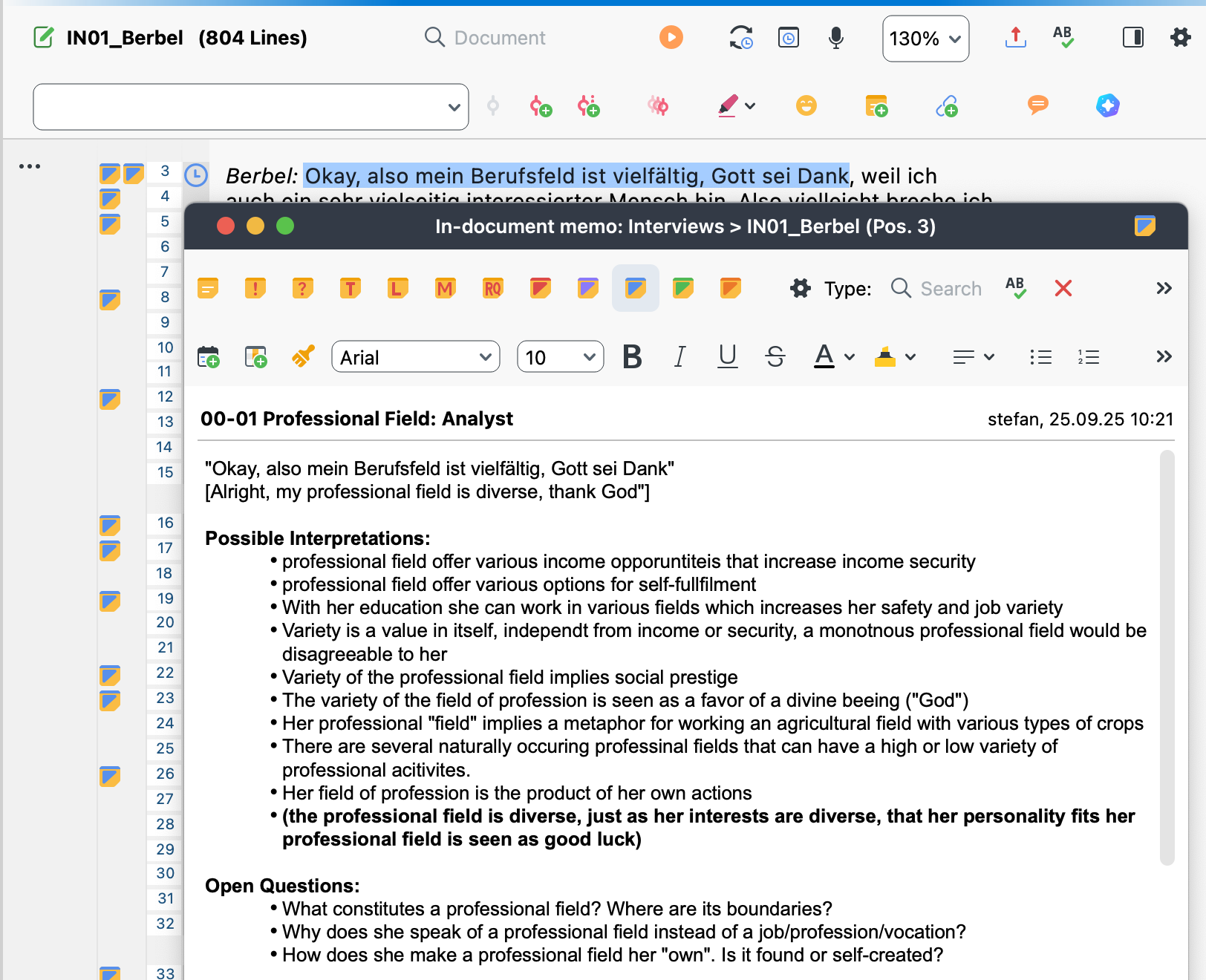 Fig. 4:In-document memo for the initial statement. The blöue memo icon indicates that the memo was written by me alone. The memo window can be used to visually block the further text of the document to enable a strictly sequential interpretation process.