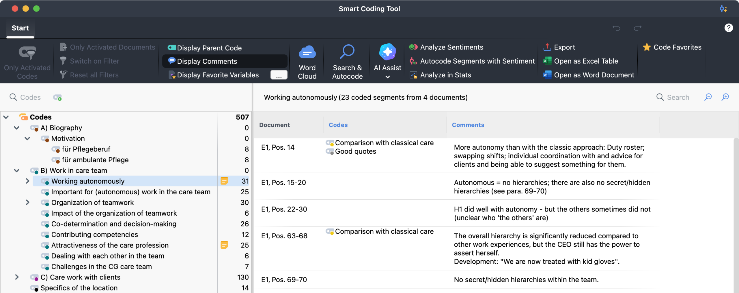Smart Coding Tool: all segments coded with a code at a glance