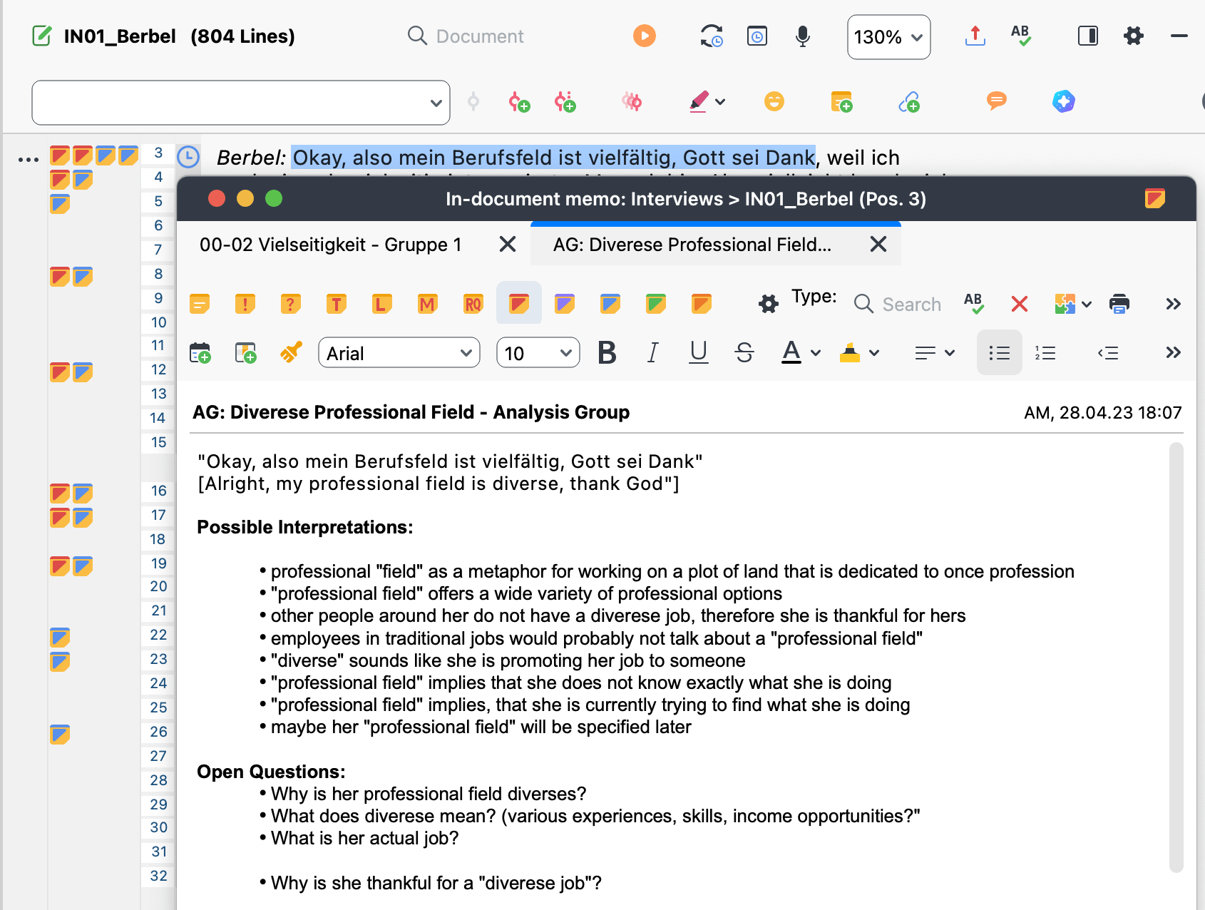 Fig. 5: A second in-document memo for the initial statement. The red memo icon indicates that the memo is based on the interpretation of the analysis group. This way, two parallel in-document memos are connected to the same interview segment to keep track of the two independent interpretations.