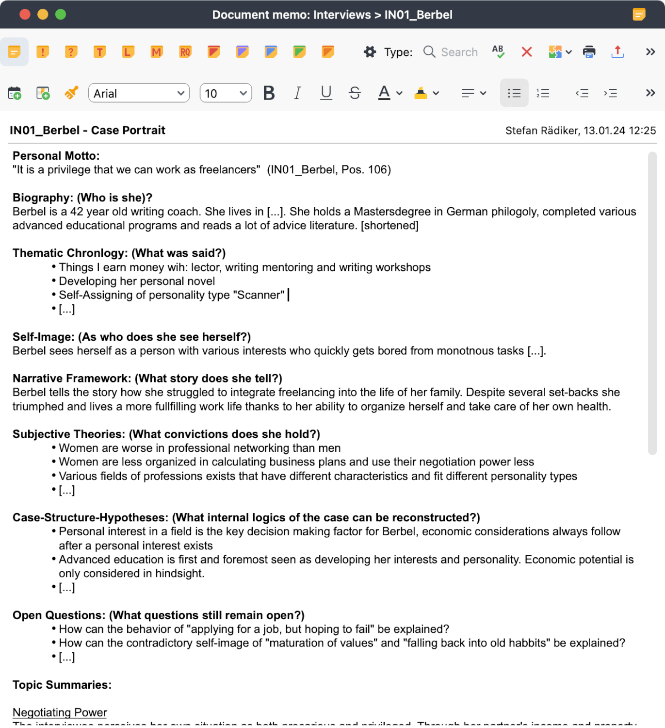 Fig. 6: Document memo of one of the interviews. “[…]” indicates omission from the original memo text which was much longer. 