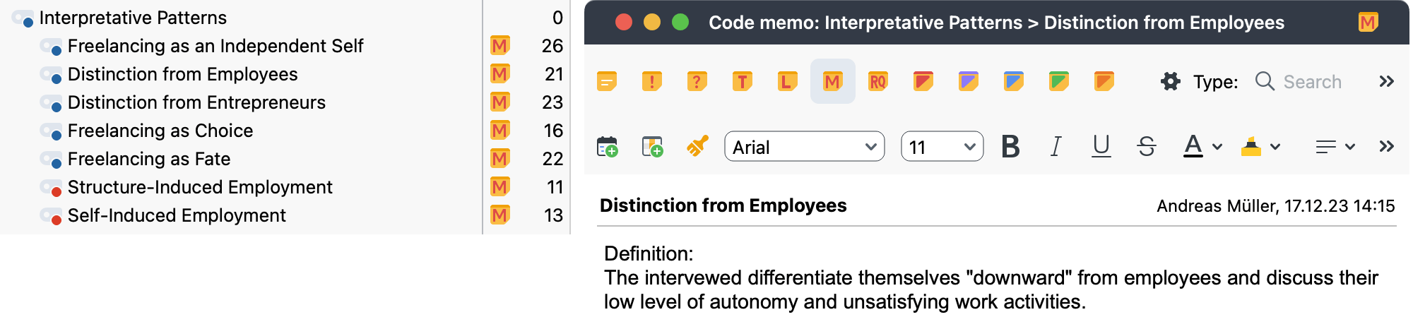 Fig. 7: The resulting patterns of interpretation in the code system of MAXQDA (left) and an example for a definition (right).