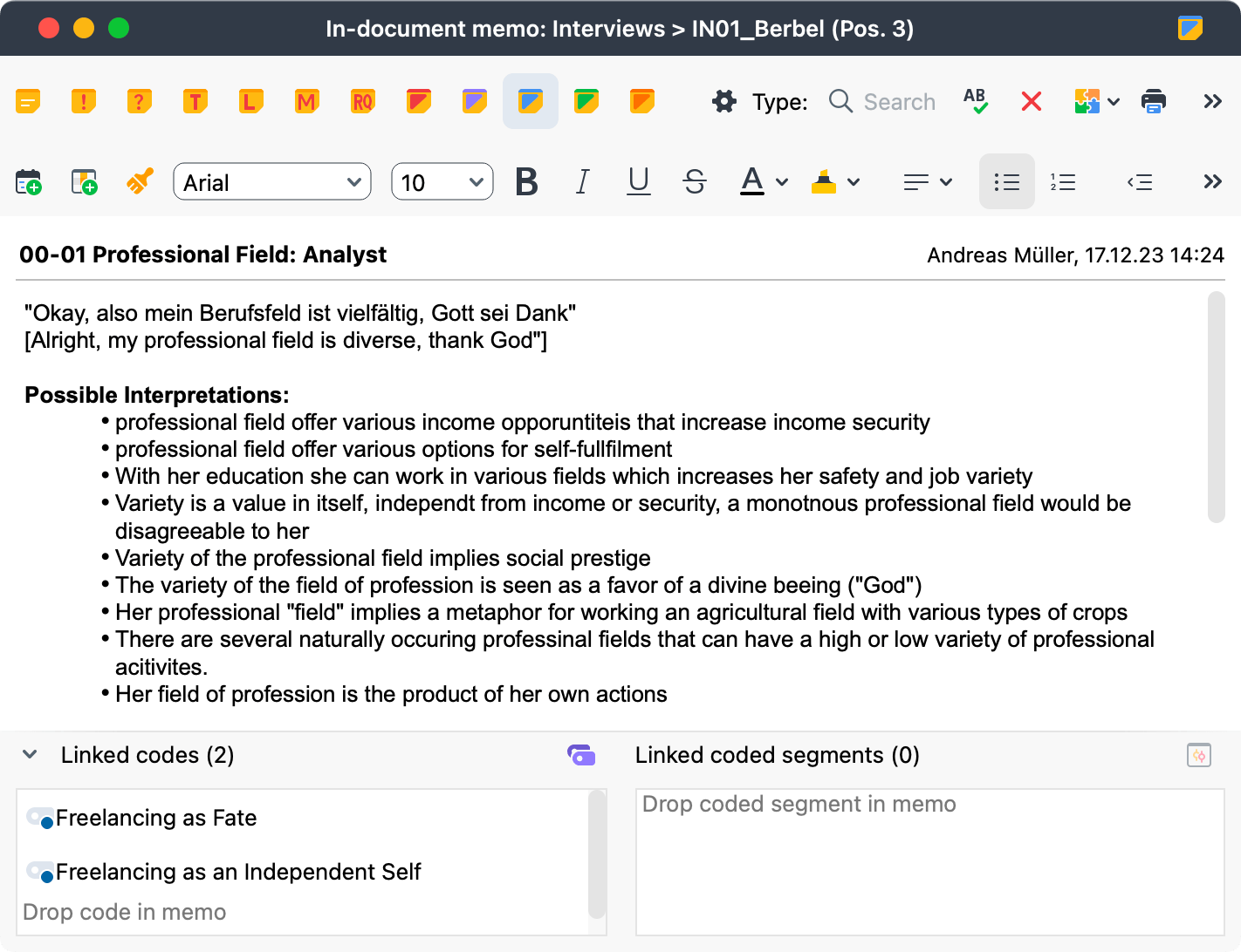 Fig. 8: Linking memos to codes for the interpretative patterns. This memo is linked to “Freelancing as Fate” and “Freelancing as an Independent Self”.