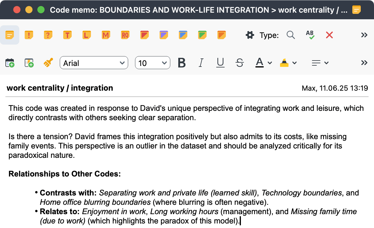 Figure 12: Code memo for capturing reflections on the creation of a code Figure 12: Code memo for capturing reflections on the creation of a code