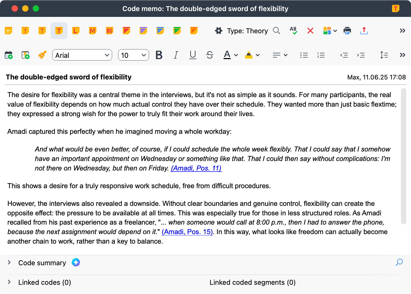 Figure 18: Theme memo documenting the finalized definition of a theme (including quotes with interactive references to the data) Figure 18: Theme memo documenting the finalized definition of a theme (including quotes with interactive references to the data)