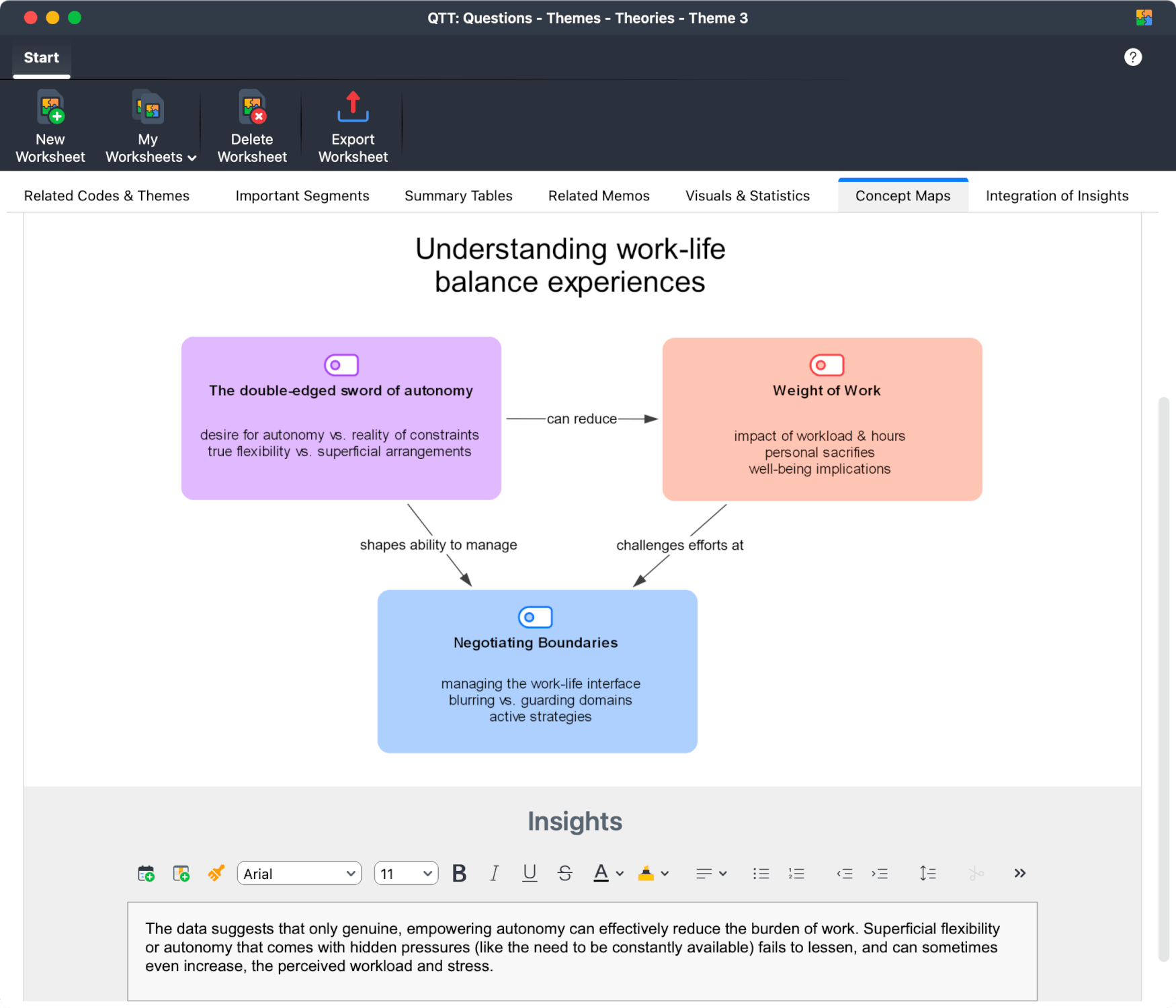 Figure 19: The QTT workspace allows to compile relevant parts of the analysis and write insights Figure 19: The QTT workspace allows to compile relevant parts of the analysis and write insights