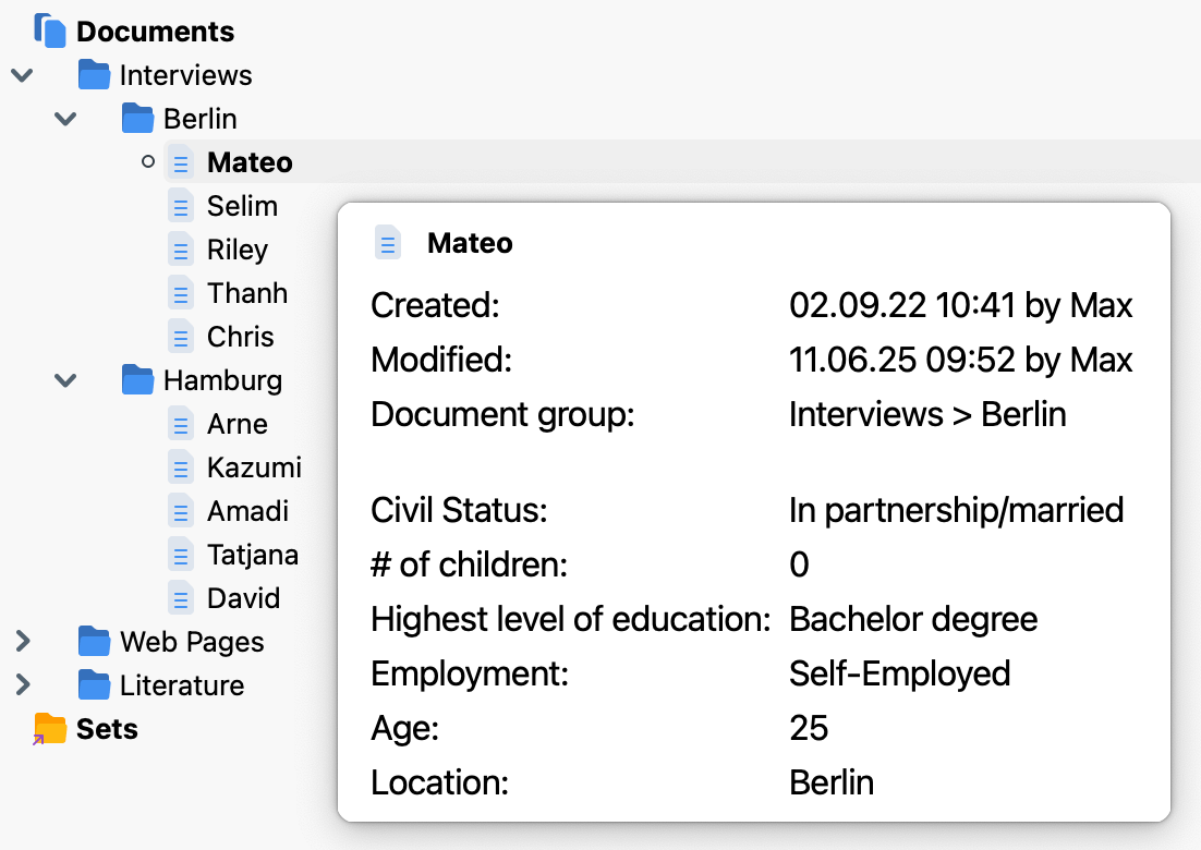Figure 3: Organize and access all your data in MAXQDA’s Documents window, including case characteristics Figure 3: Organize and access all your data in MAXQDA’s Documents window, including case characteristics