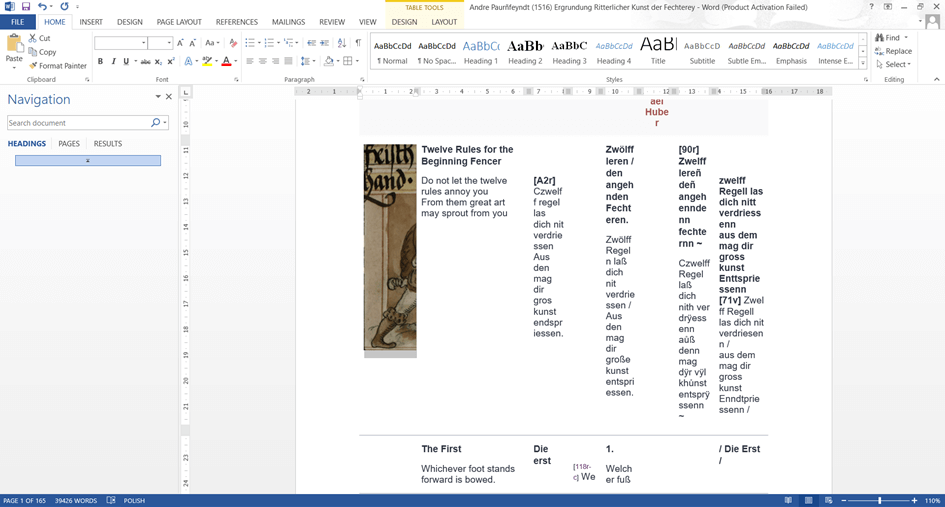 Corpus-based linguistic research: Screenshot from MS Word showing a messy table downloaded from an online repository.